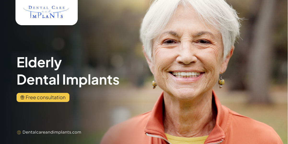 Smiling elderly woman promoting dental implants with text: “Elderly Dental Implants” and “Free consultation.